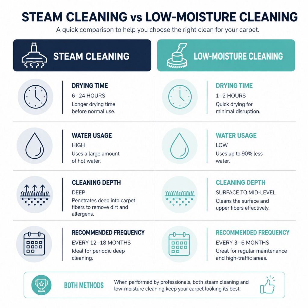 Infographic comparing steam cleaning and low-moisture carpet cleaning by drying time, water use and cleaning depth