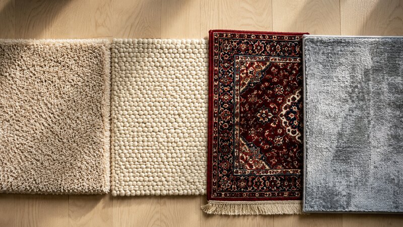 Synthetic, wool, Persian and viscose carpet samples that require different cleaning methods