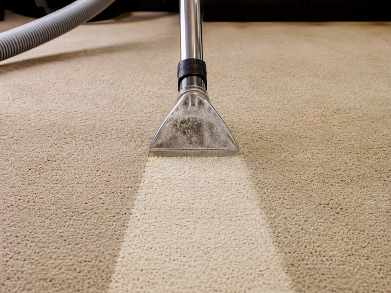 Hot water extraction wand deep cleaning a carpet, showing the cleaned track against soiled pile