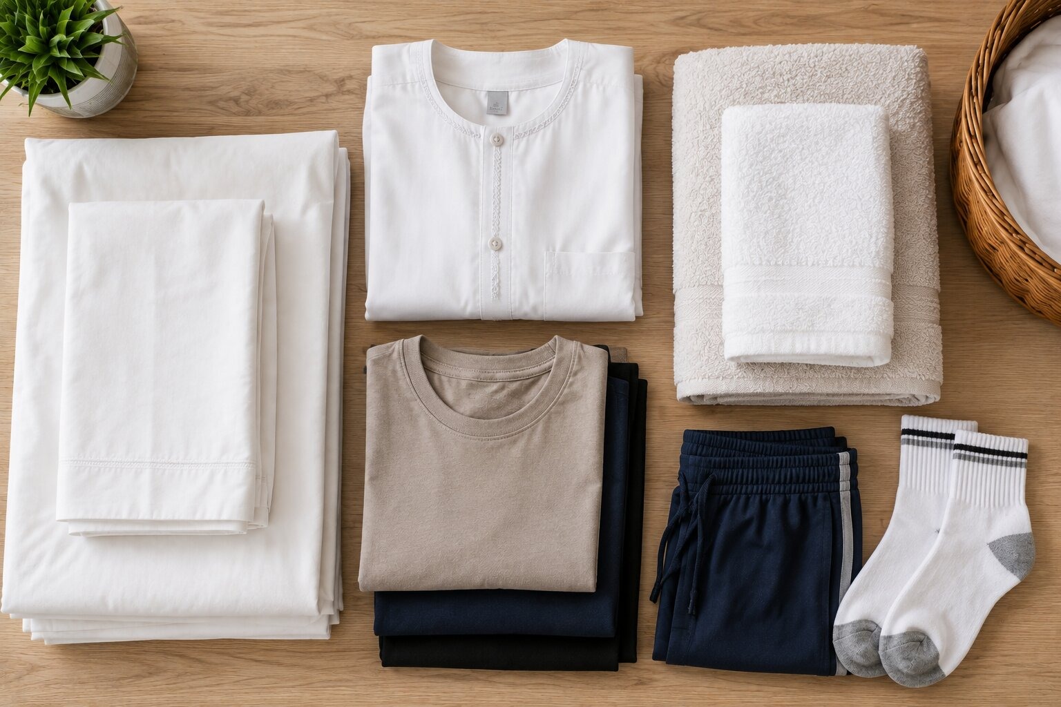Everyday cotton clothing, towels and bedsheets ready for a wash and fold service