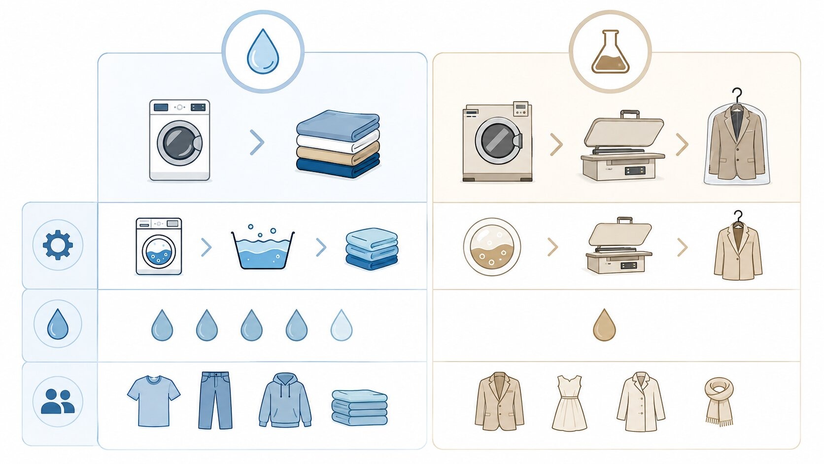 Infographic comparing wash and fold and dry cleaning by process, water use and fabric safety