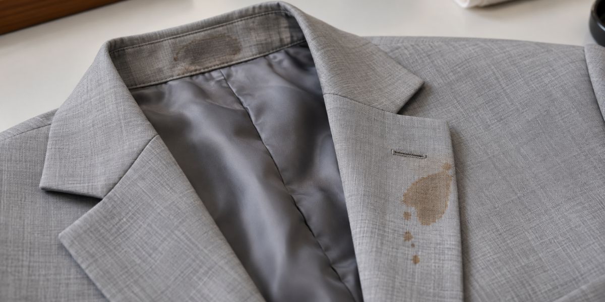 Suit jacket with sweat marks on the collar and a stain showing it needs dry cleaning