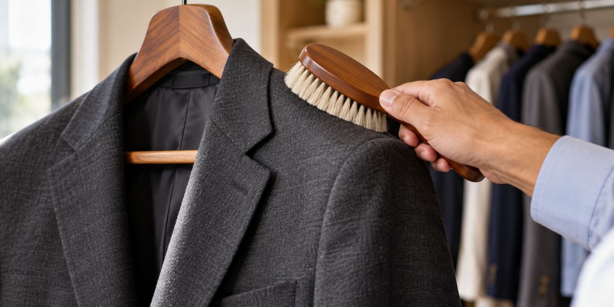 Suit jacket airing on a wide hanger and being brushed between dry cleaning visits