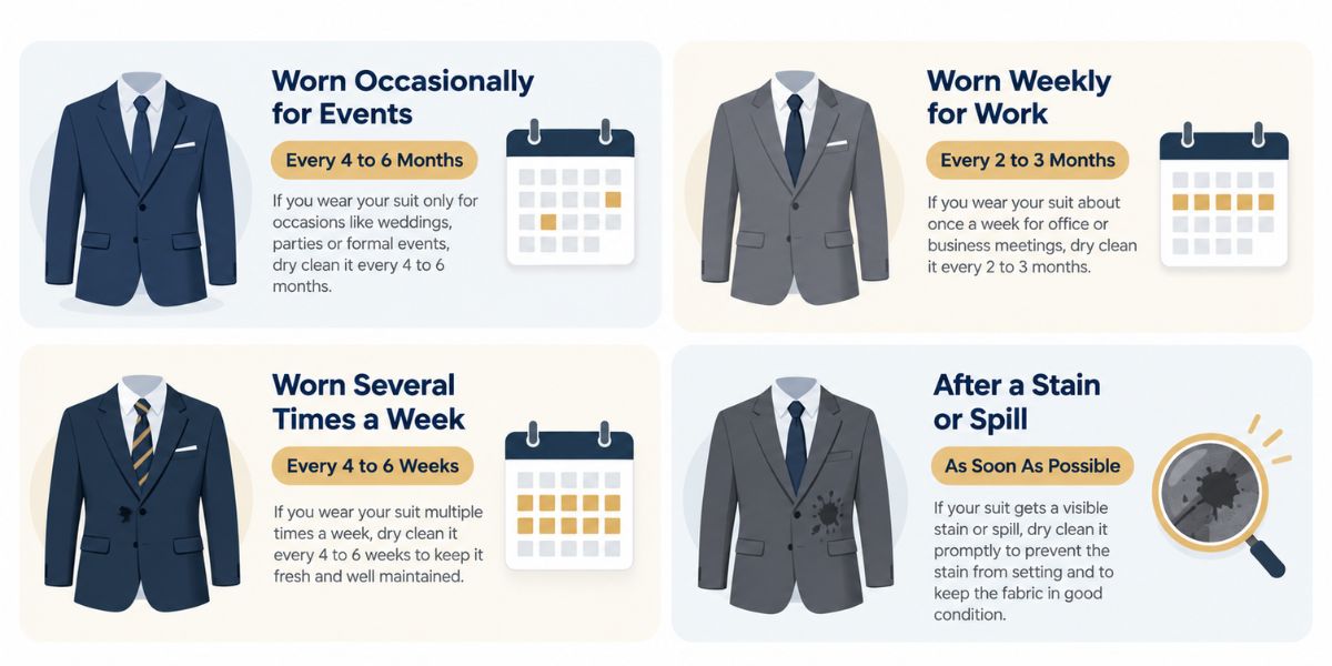 Infographic showing how often to dry clean a suit based on how often it is worn
