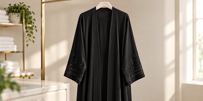 Black embroidered abaya on a hanger ready for dry cleaning in Dubai