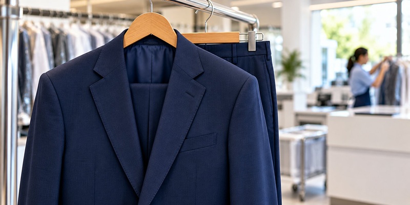 Pressed navy two-piece suit on a hanger after dry cleaning in Dubai