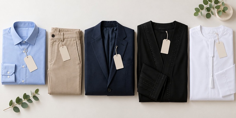 Shirt, trousers, suit, abaya, and kandura laid out to show dry cleaning prices in Dubai