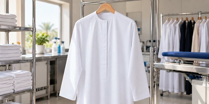 Freshly pressed white kandura hanging after dry cleaning in Dubai