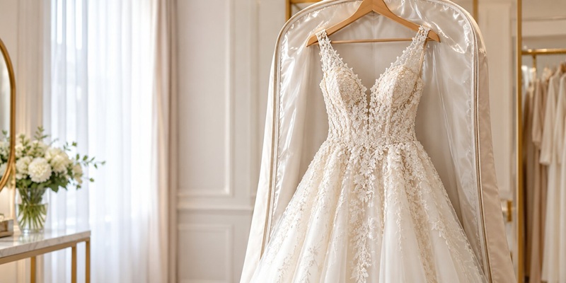 Ivory lace wedding dress in a protective cover before professional cleaning in Dubai